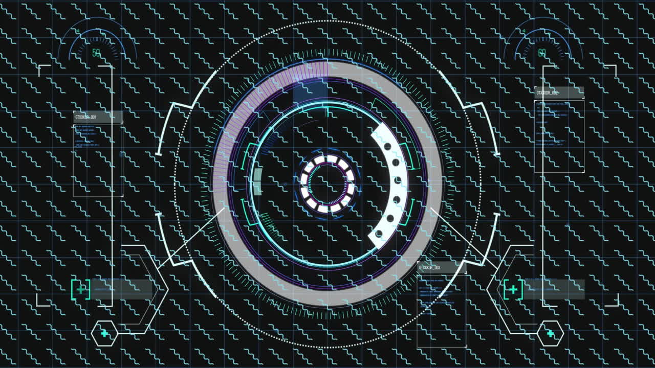 Animation of geometric shapes and circular patterns moving in futuristic interface