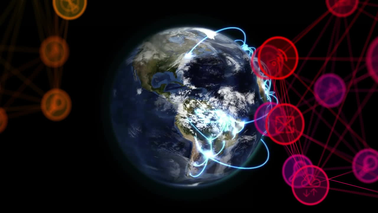 animación de la red de conexiones con iconos en todo el mundo
