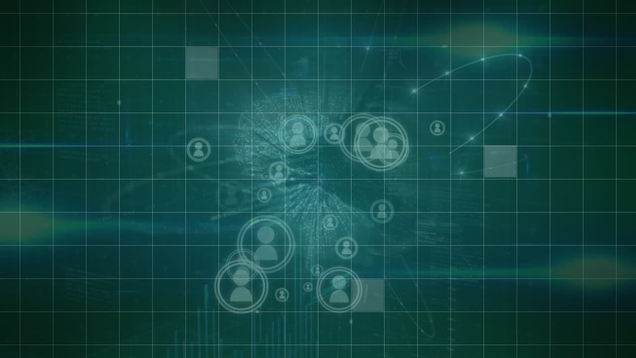 프로필 아이콘의 애니메이션, 그리드 인터페이스를 통해 빛나는 연결 점을 가진 지구