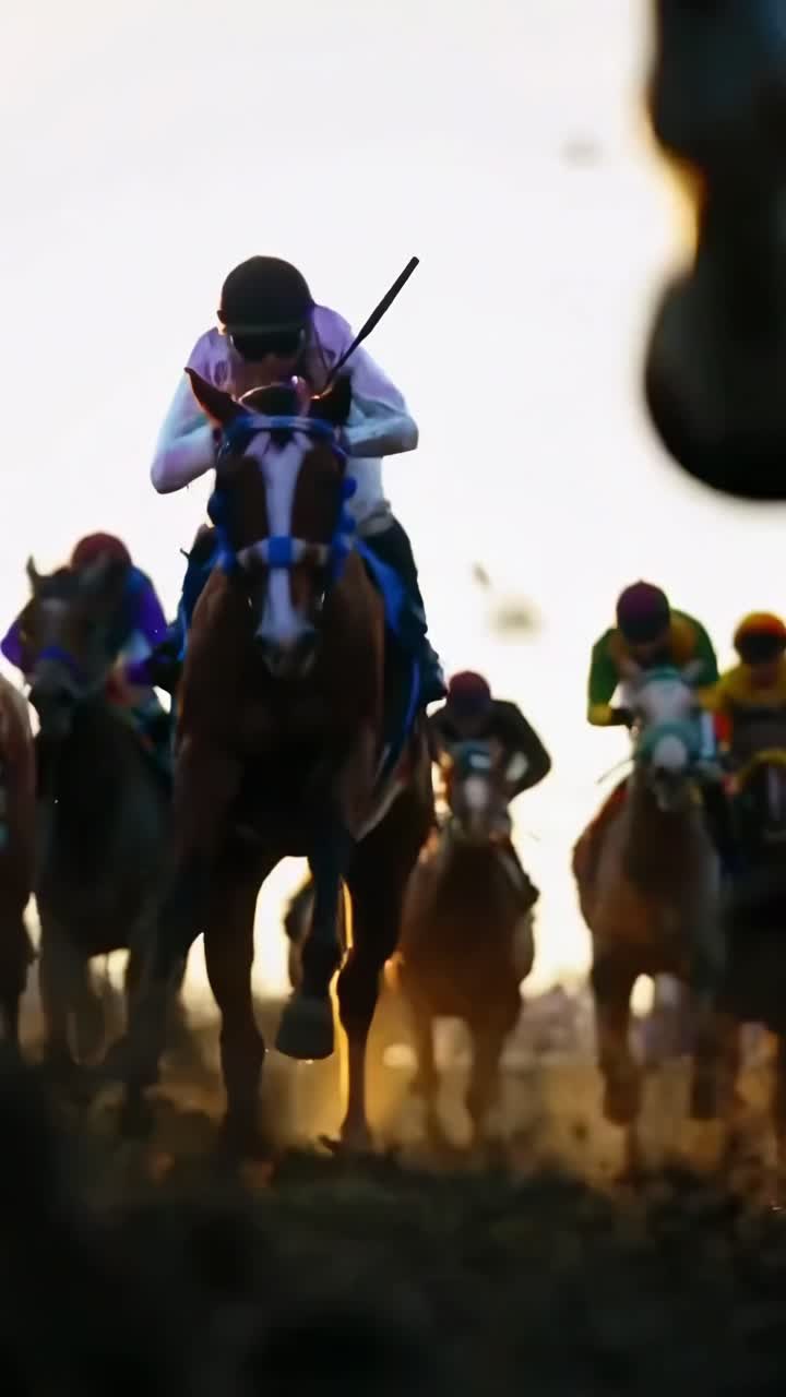 Ripresa video dinamica da angolazione bassa di una gara ippica, che cattura l'intensità e la velocità dell'evento