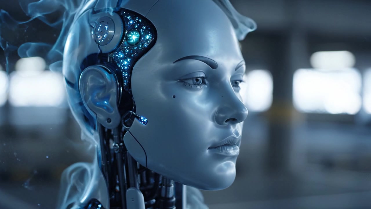 Un primo piano mozzafiato e futuristico di un volto robotico realistico, che mostra tecnologia avanzata con elementi scintillanti e un'estetica elegante e metallica