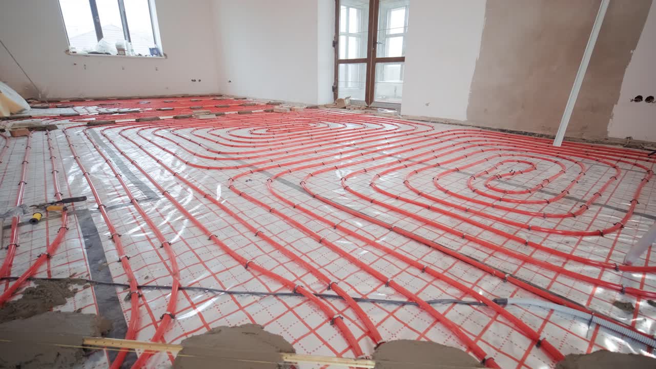 Installing underfloor heating pipes for water heating. Heating systems. Pipes for a heat-insulated floor.