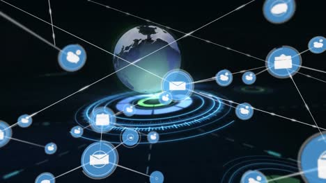 network of digital icons against spinning globe over round scanner on black background