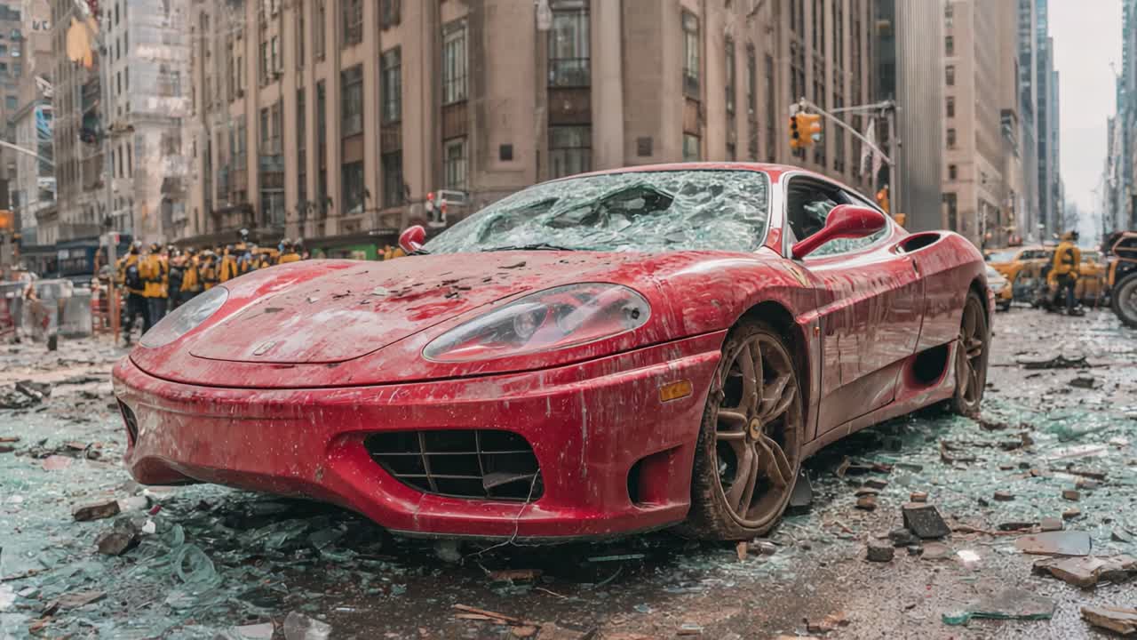 A Stranded Red Sports Car Amidst Urban Chaos: An Eye-Catching Scene of Destruction and Abandonment in a City Landscape with Broken Glass and Wreckage