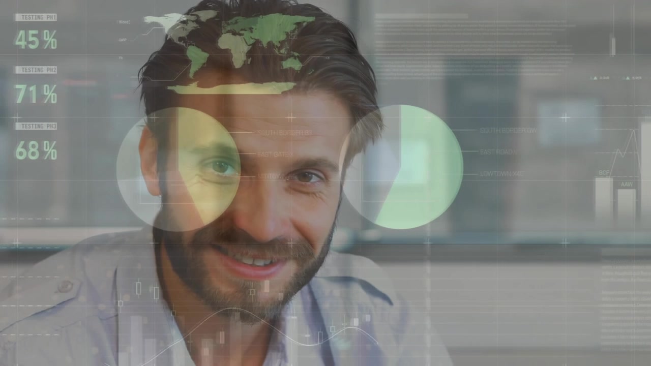 Animation of financial data processing over caucasian businessman