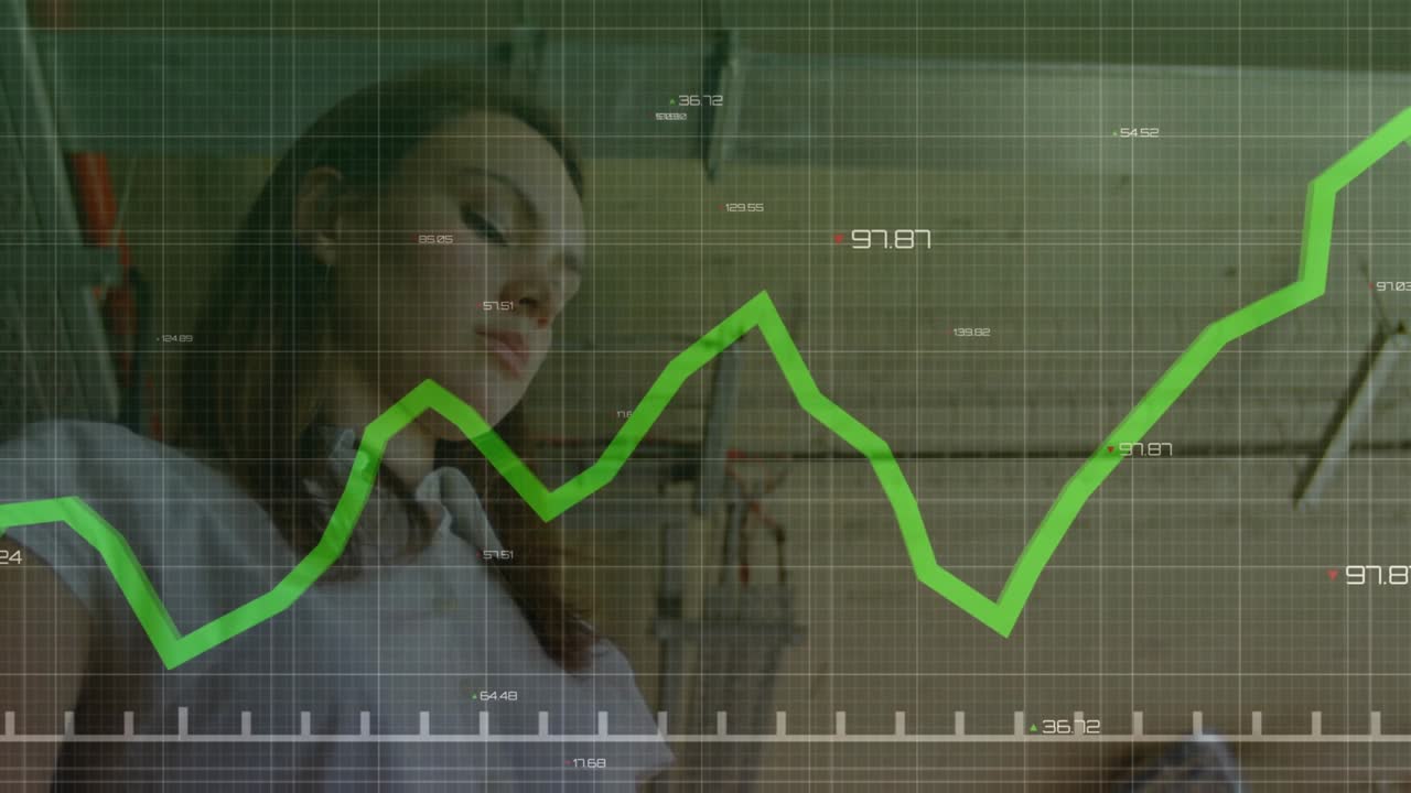 Mujer tocando la pantalla de una tablet y actualizando un gráfico de líneas verdes con valores crecientes para la monitorización de datos