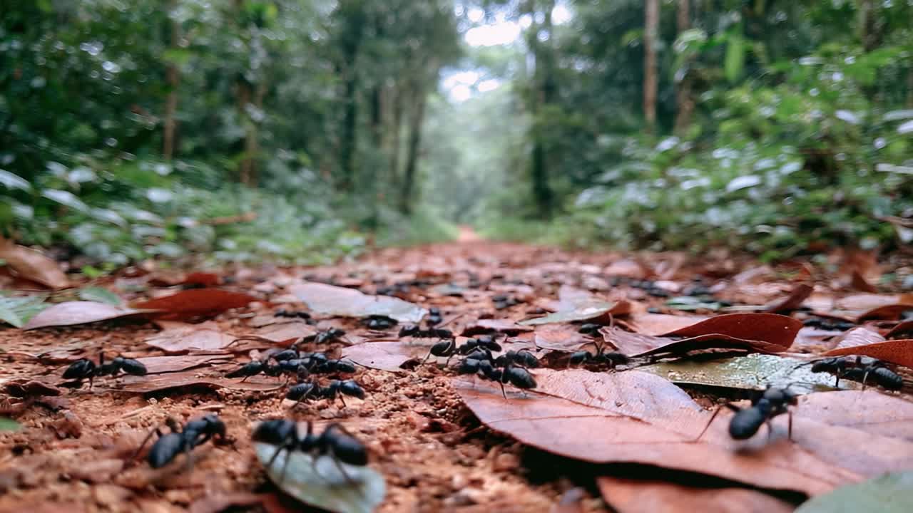 A Close-Up View of Ants Scavenging on a Leaf-Littered Trail in a Lush Forest, Highlighting Their Intricate Movement and Natural Habitat