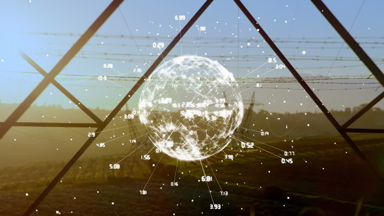 연결 네트워크의 애니메이션과 풍경 위에 숫자를 가진 지구