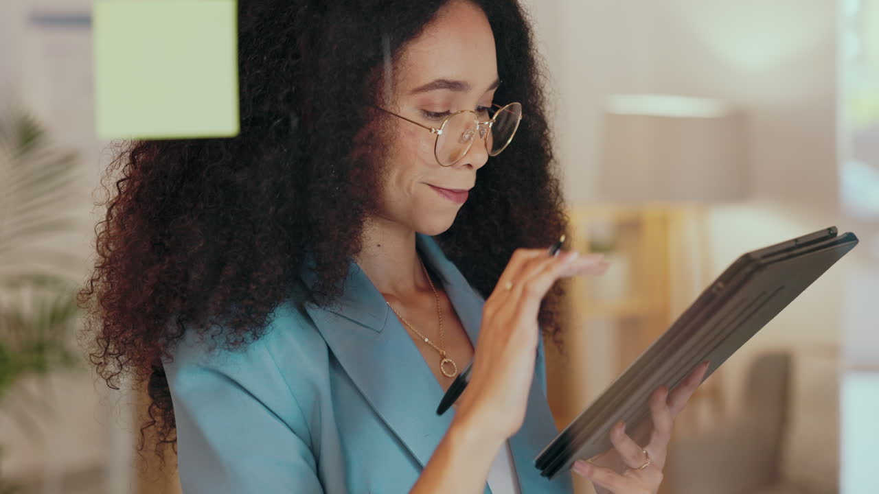 Black woman, tablet and research for business