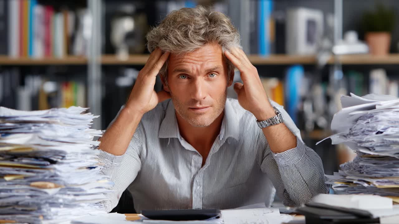 A Stressed Professional in an Office Surrounded by Piles of Paperwork, Showing Signs of Overwhelm and Fatigue as He Struggles with Workload Management