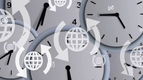 animation of globes and arrows icons over clocks