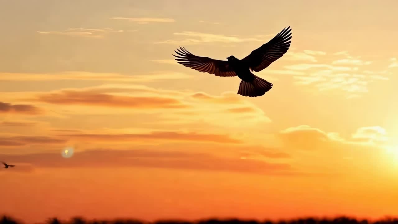 Silhouette of a bird soaring at sunset, captured from a low angle. The warm hues create a serene