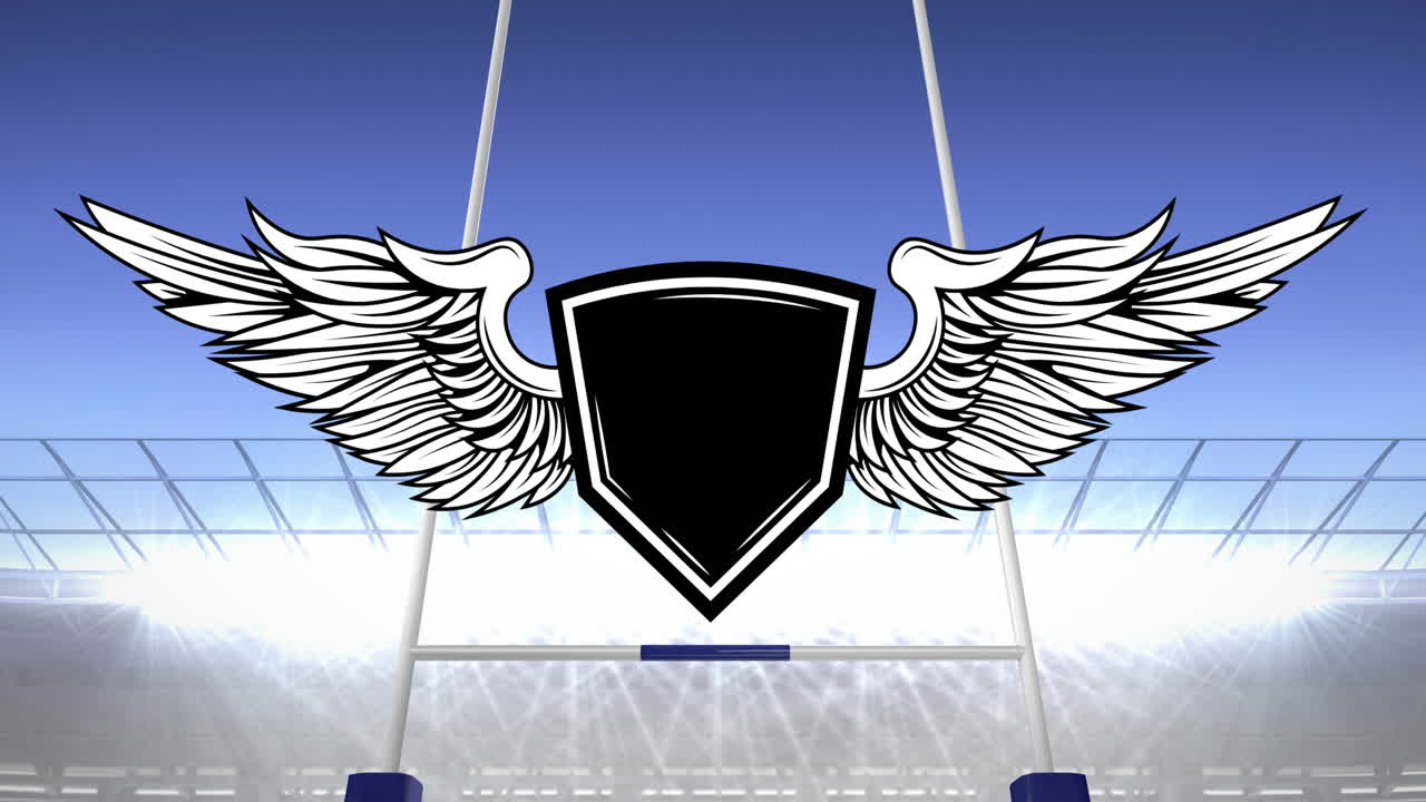 animación del emblema con espacio de copia sobre el estadio deportivo de rugby