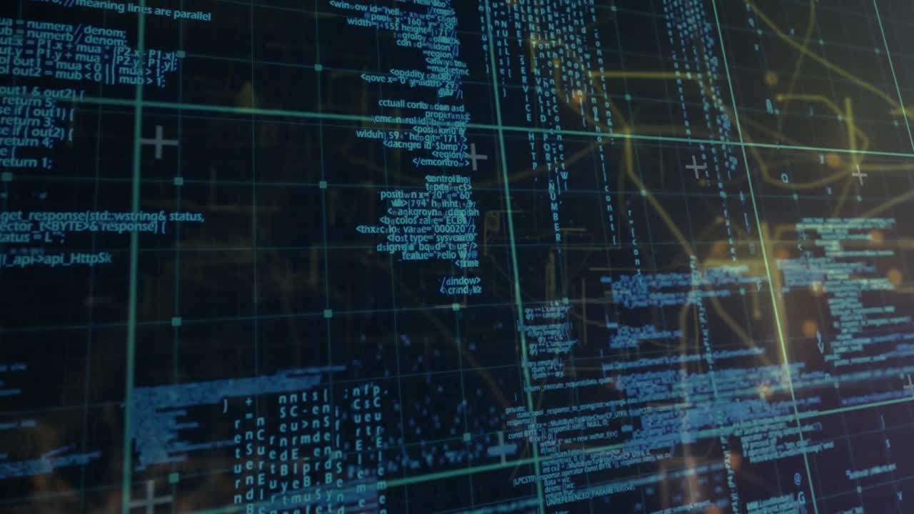 Gridlines appearing holographic interface cascading code pulsing golden nodes visualizing network