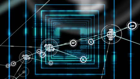 animación digital de una red de iconos digitales contra un túnel brillante azul neón sobre un fondo negro