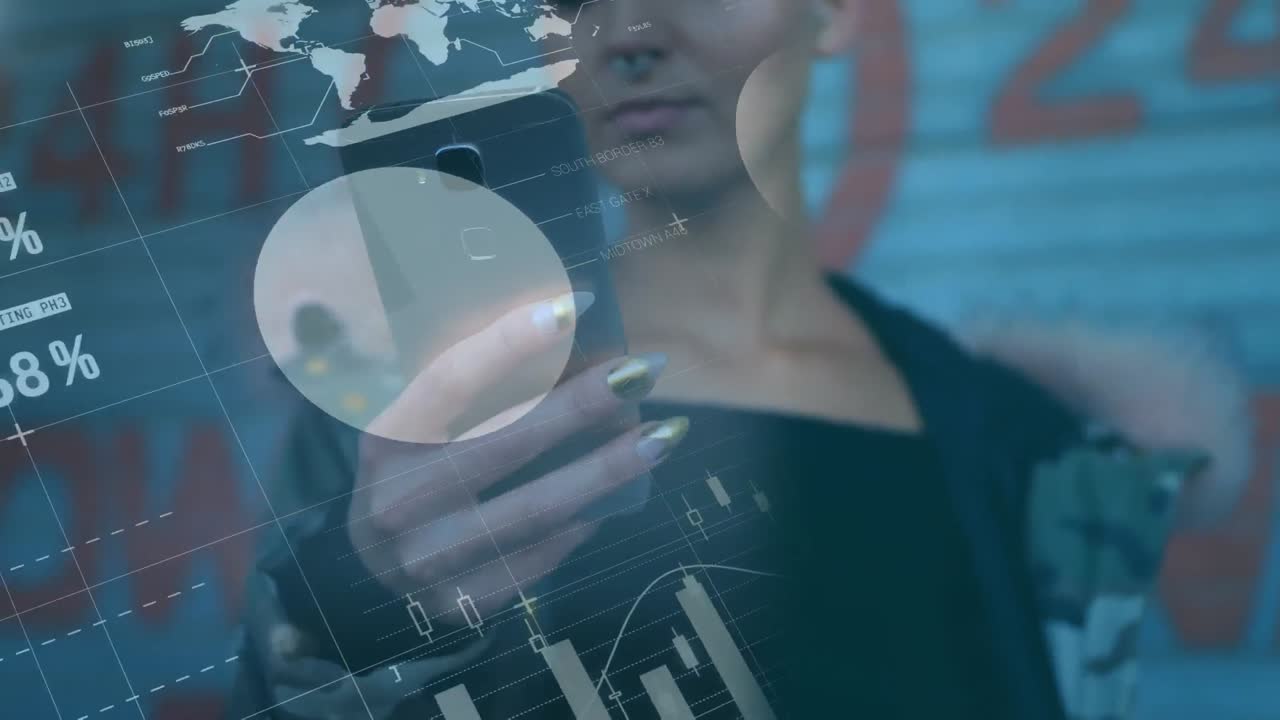 밖에서 스마트폰을 사용하는 여성에 대한 통계 및 금융 데이터 처리