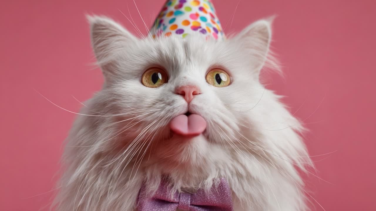 Kucing Putih Menawan Merayakan dengan Gaya: Dihiasi dengan Topi Pesta Warna-warni dan Dasi Kupu-kupu Sambil Memamerkan Kepribadiannya yang Ceria dengan Latar Belakang Merah Muda Cerah