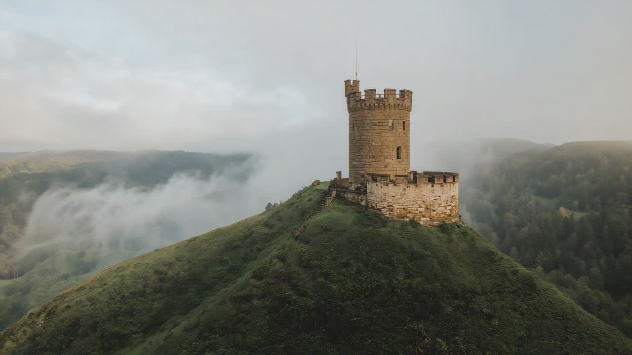 Approaching drone revealing round stone tower with curtain wall on grassy cone, fog lifting, path