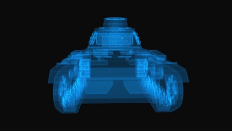 tanque militar 3d wireframe con delgadas líneas azules. fuerzas de tanque holograma futurista en fondo negro. animación de rotación de bucle