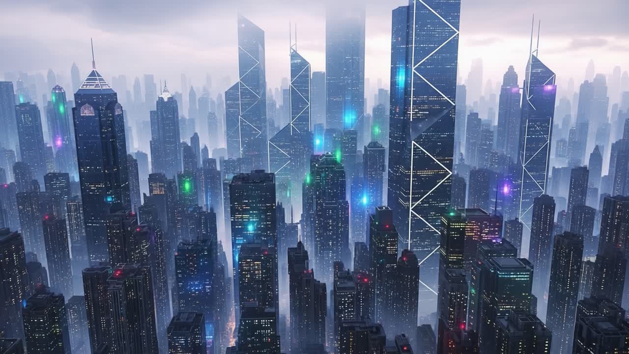 A Dynamic and Futuristic Cityscape at Dusk, Showcasing Skyscrapers Shimmering with Neon Lights and a Mysterious Atmosphere Enveloped in Light Rain and Mist