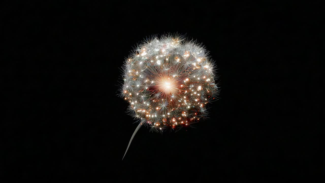 A mesmerizing dandelion puff illuminated by radiant lights, creating a stunning visual effect against a dark backdrop, showcasing nature's beauty in an enchanting display of illumination