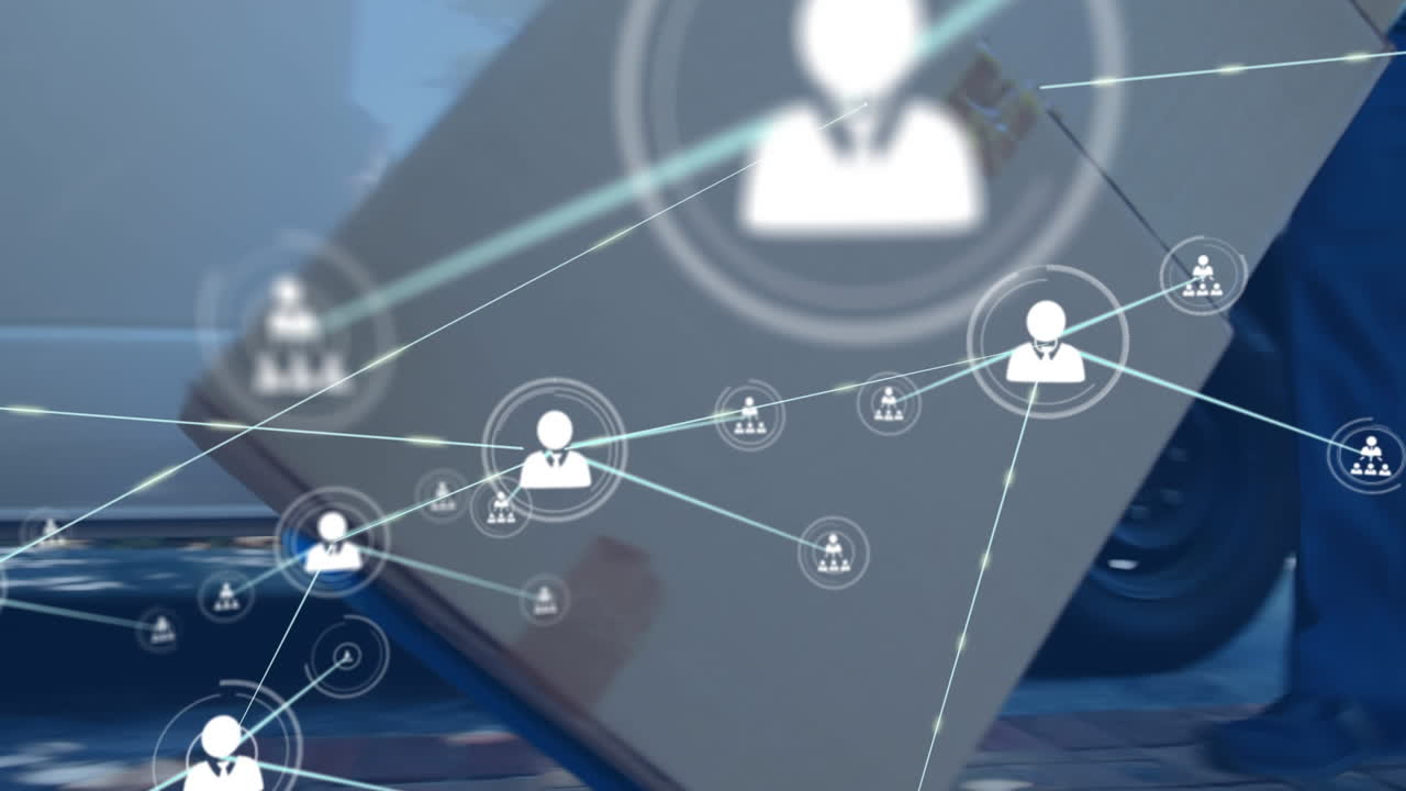 animación de iconos de perfil sobre el repartidor caucásico descargando cajas de su furgoneta de reparto