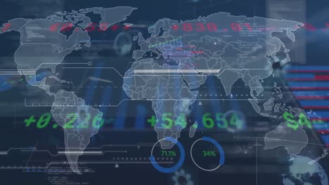 animation of interface with data processing over world map against blue background