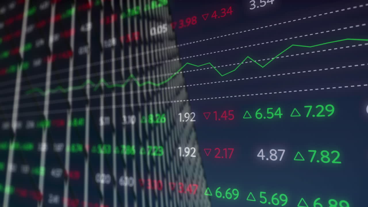 Animazione di elaborazione dati del mercato azionario su vista dal basso di un grattacielo