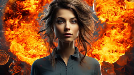 woman surrounded by explosions in dramatic dark environment