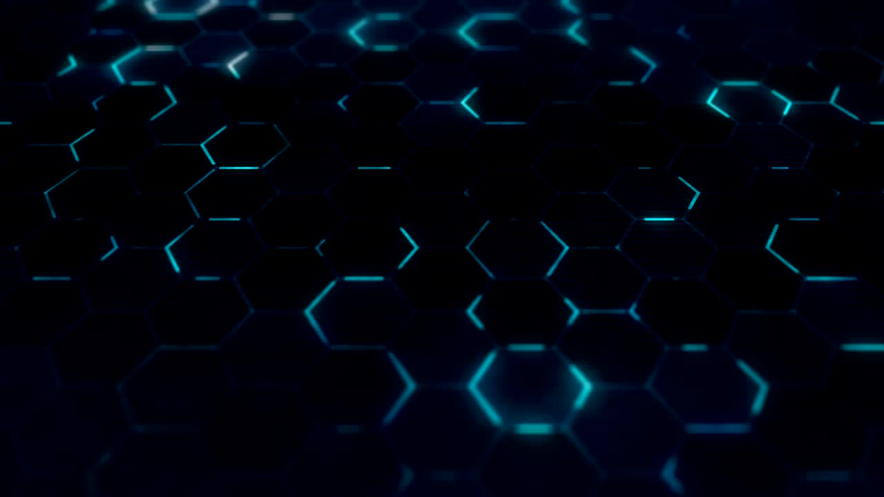 Blue technology background with hexagons structure. Closeup camera view. Seamless loop.