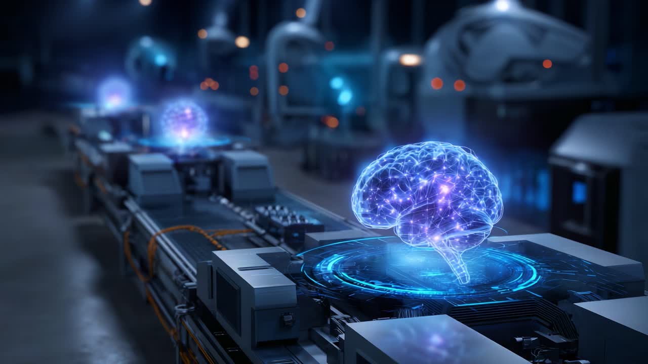 Futuristic representation of artificial intelligence with glowing brain holograms displayed on high-tech conveyor belts in a modern industrial setting