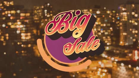 animación de texto de gran venta en rojo y naranja en círculo púrpura sobre el paisaje urbano nocturno borroso