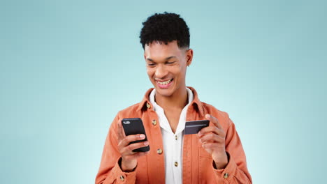 man, smartphone and credit card with e commerce