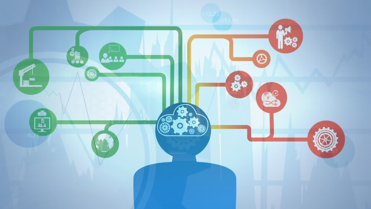 compuesto digital de humano animado con engranajes en el cerebro