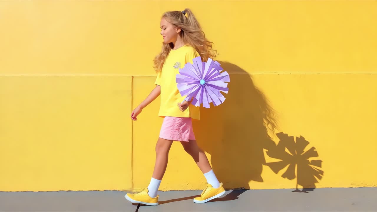 Girl in yellow shirt and pink shorts walks playfully with a colorful flower prop, casting a lively shadow on the bright yellow wall, embodying joy and creativity