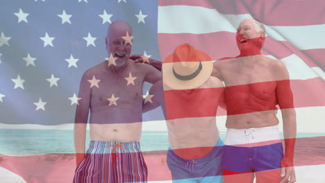 animation of flag of usa over diverse senior friends on beach in summer