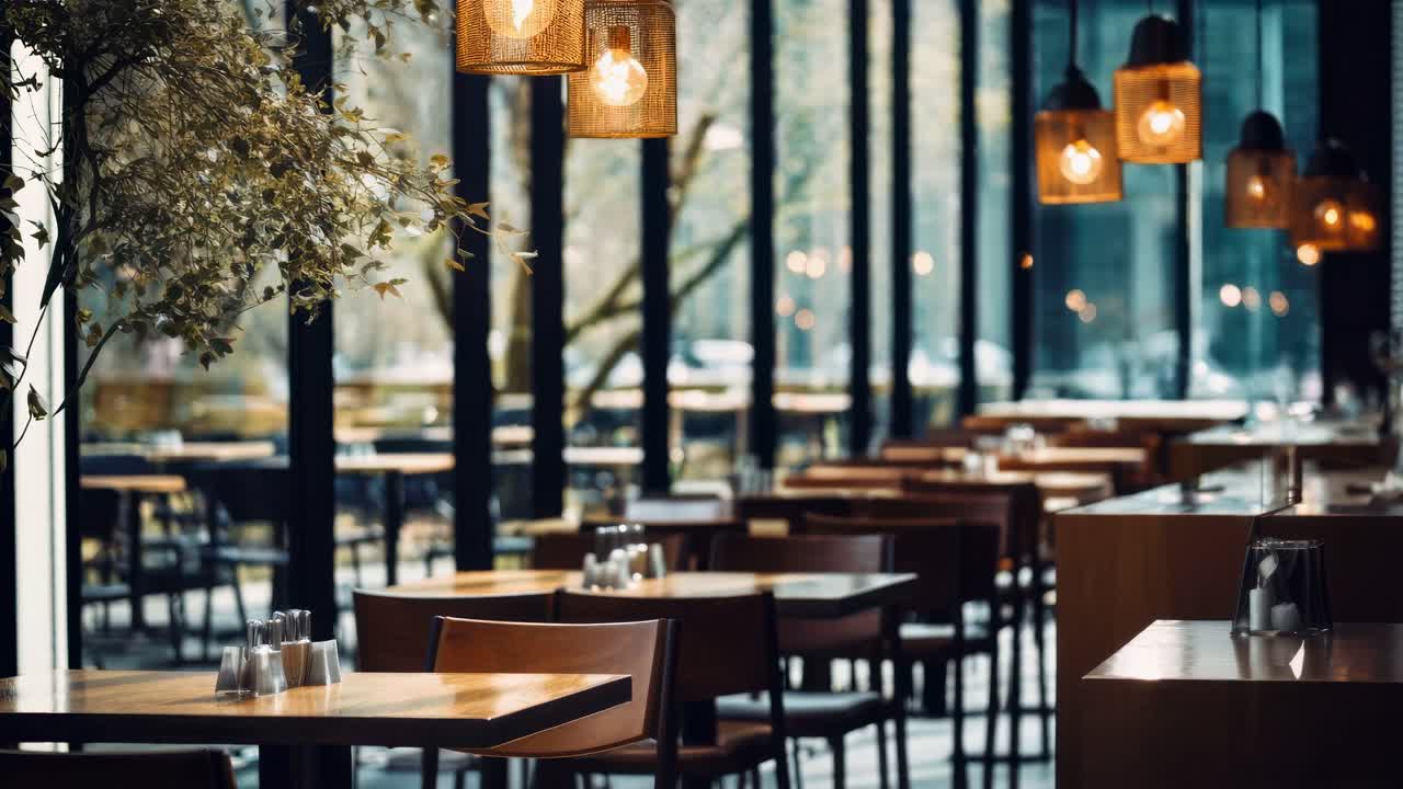 Hyggelig café med træborde og varm belysning, fanget fra en lav engel