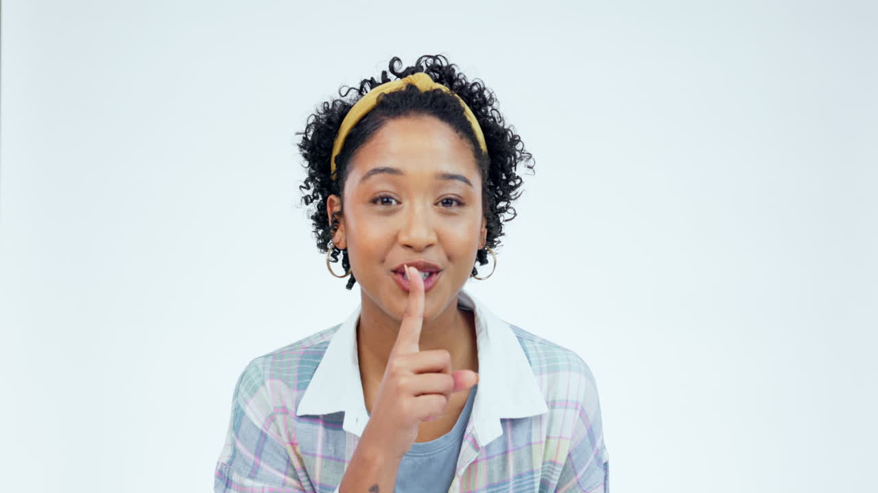 Secret, face and finger of woman on lips in studio