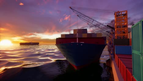 shipping containers in port with sunset