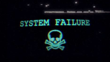 system failure warning with skull and crossbones on dark screen
