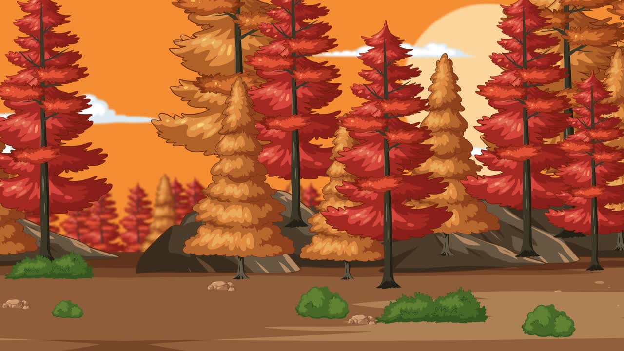 Animated journey through a colorful autumn forest with red and orange trees, dynamic transitions, and a warm sunset backdrop