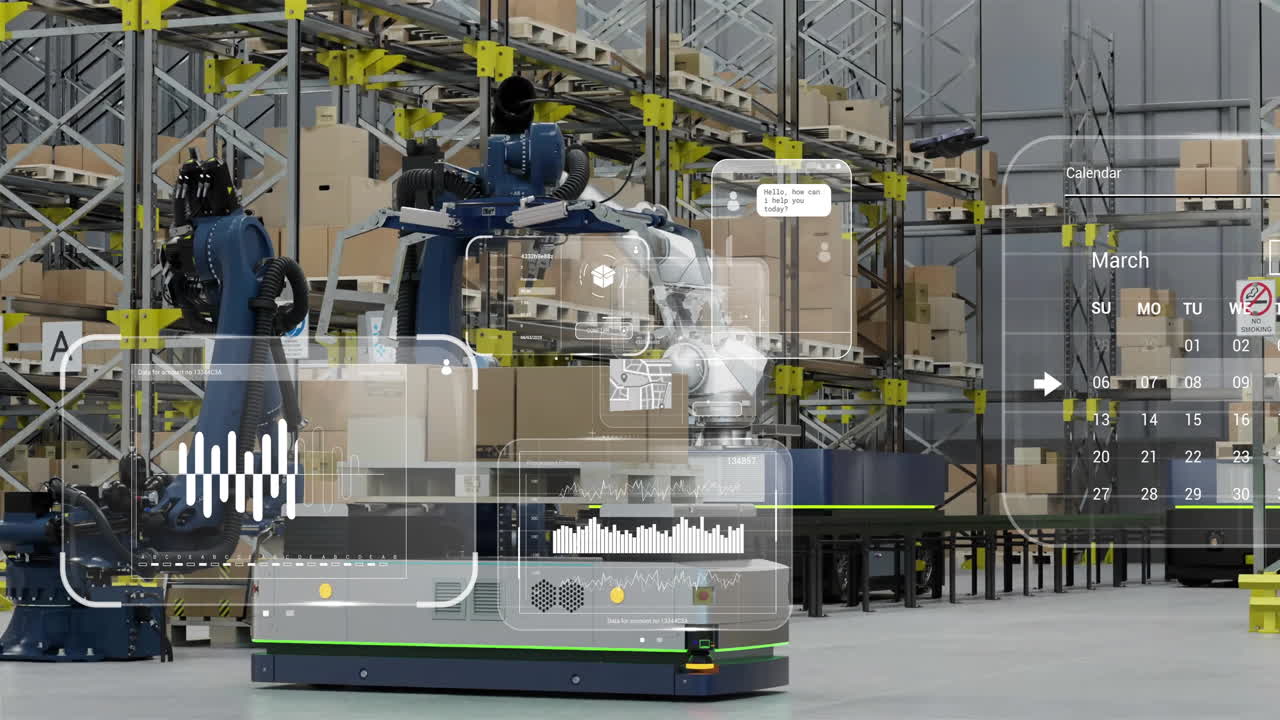 animación de diagramas y procesamiento de datos en máquinas que trabajan en almacenes