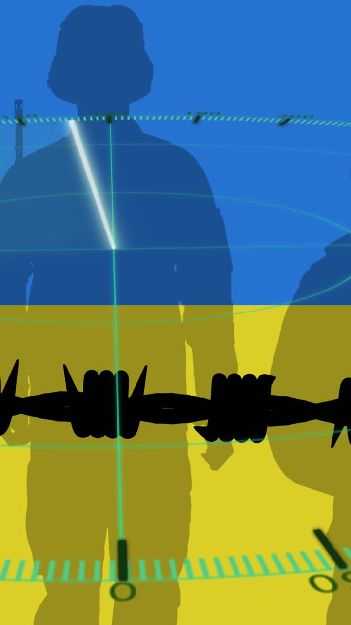 animación de radar, soldados y alambre de barber sobre la bandera de ucrania