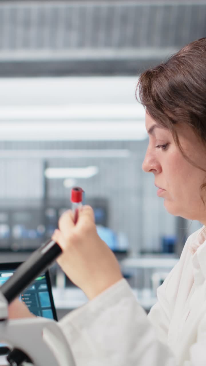 Vertical video Laboratory employee looks at blood sample and PH indicator