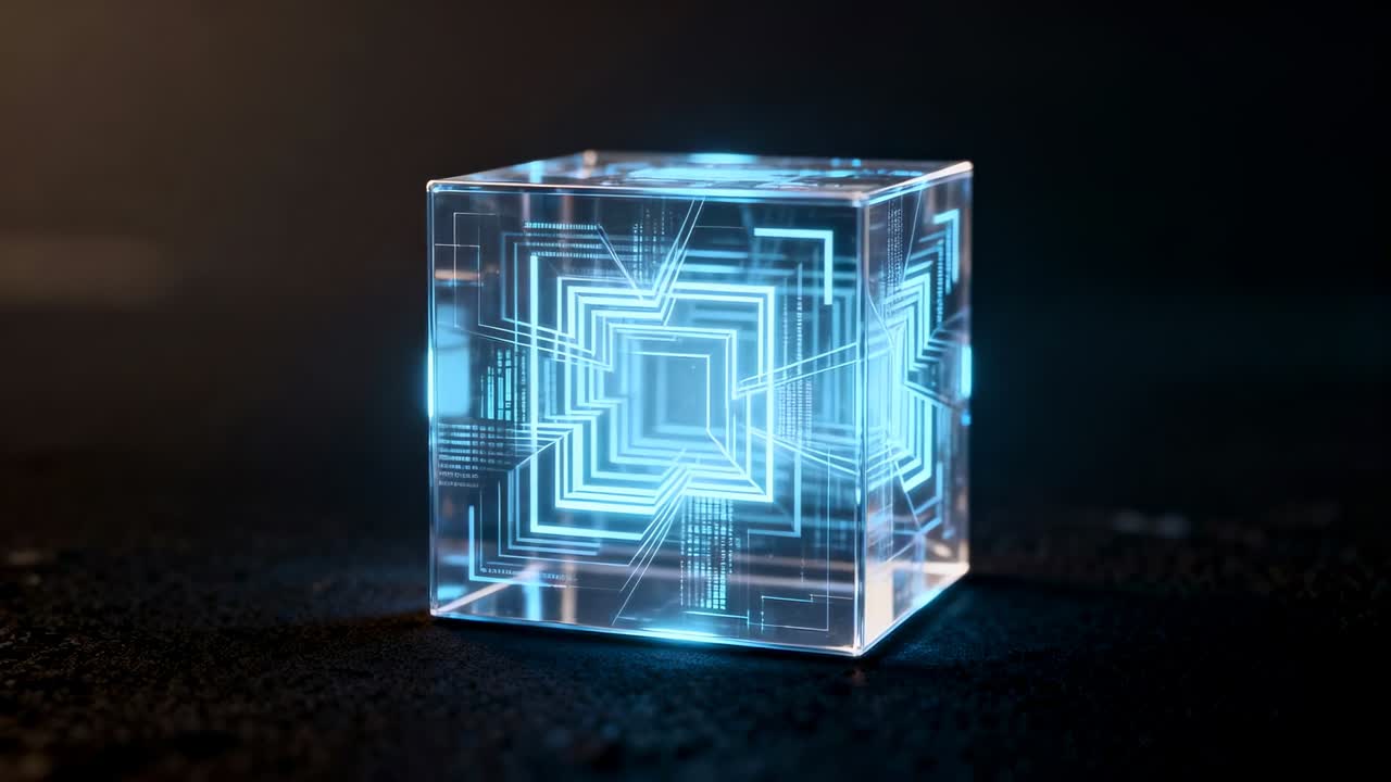 Starting play, glass cube pulsing neon-blue circuits and routing data across grids on dark studio