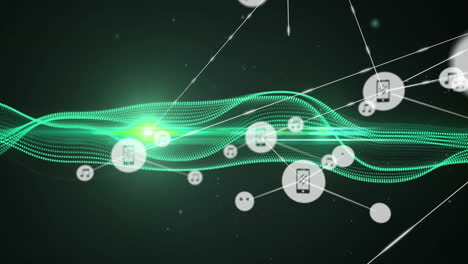 green waveforms and digital icons, data network animation over dark background