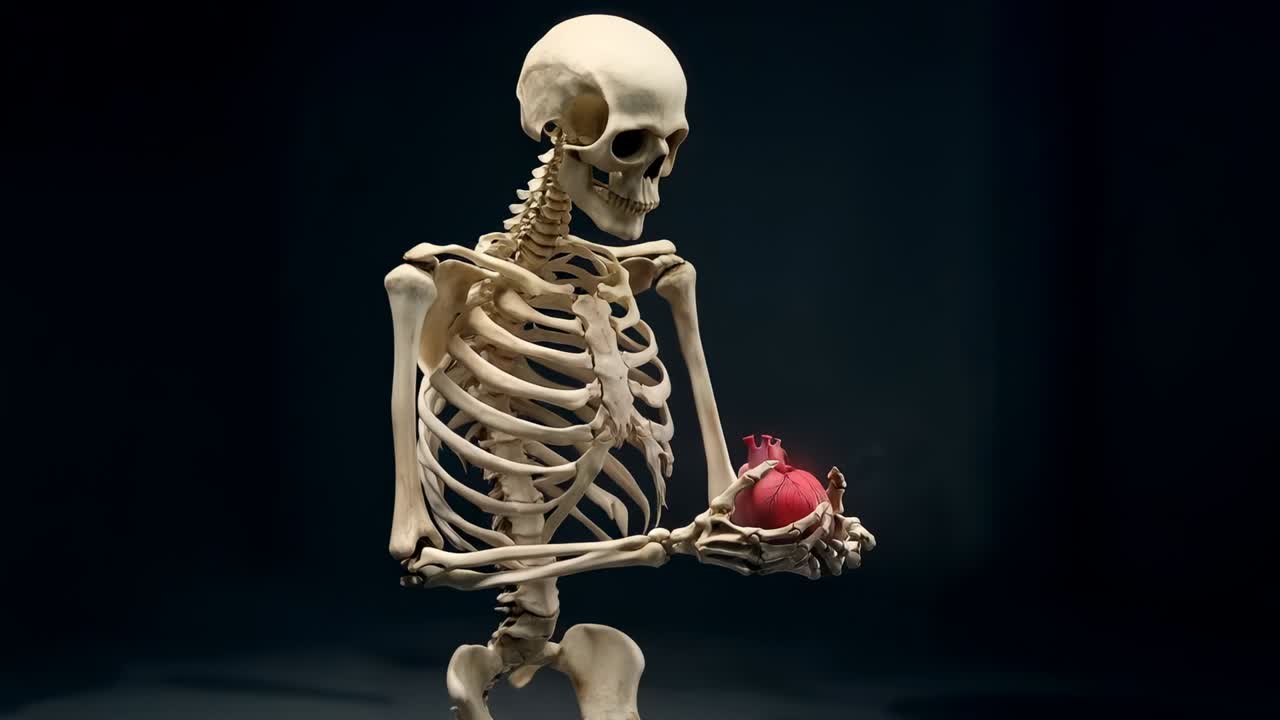 Camera zooming, skeleton model bringing red anatomical heart forward in studio, revealing veins
