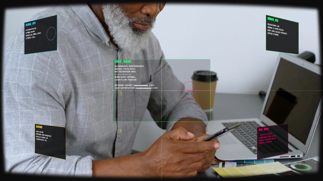 Senior manager grabbing smartphone scrolling finance targets with AR overlays tracking head, hands