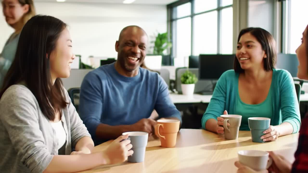 Engaging Conversations and Laughter in a Modern Workspace: Friends Enjoy a Coffee Break Together, Strengthening Bonds Among Colleagues in a Warm Atmosphere