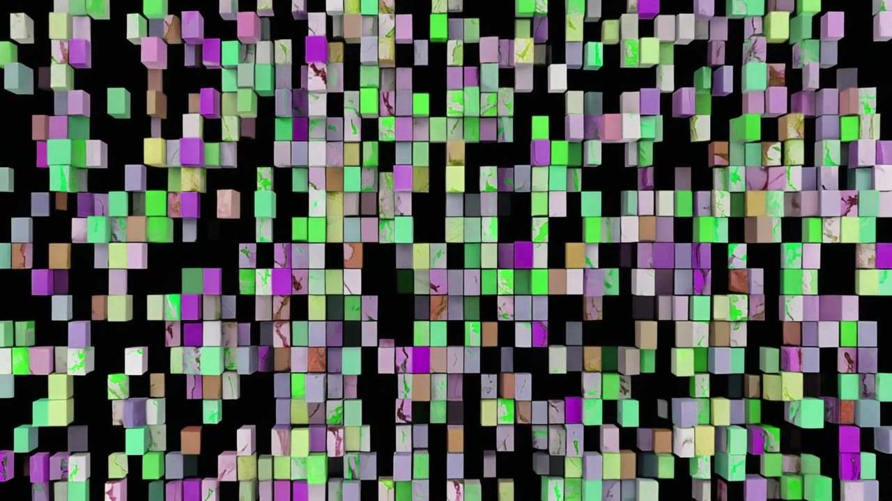 Abstract Animation of Colorful Marble Textured Cubes Forming a Grid